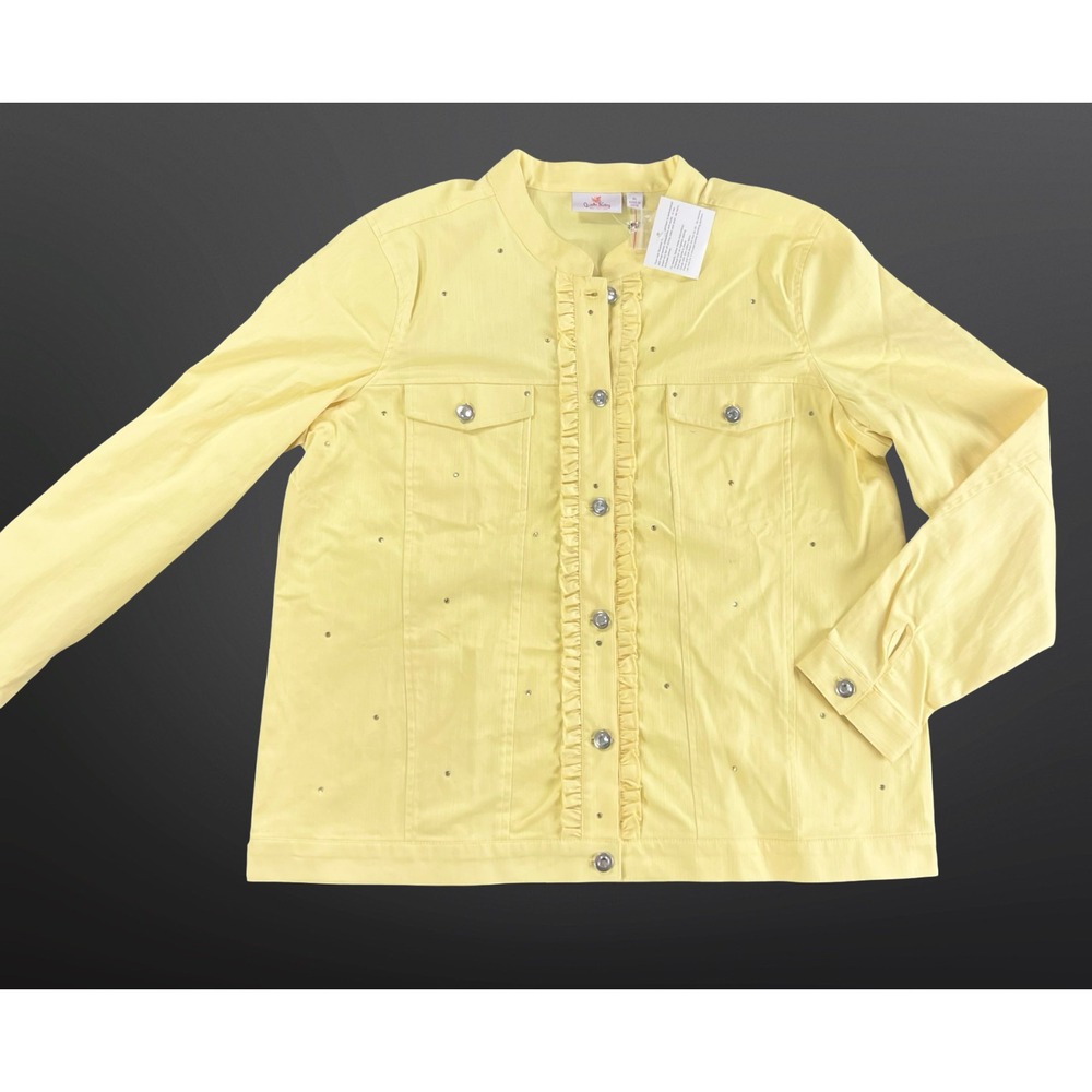 Quacker Factory Womens XL Jacket Yellow Rhinestone Ruffle Button Front NWT - Picture 7 of 16